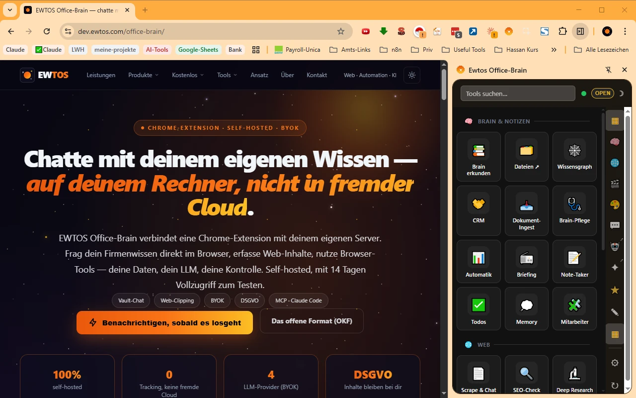 EWTOS Office-Brain im Browser: Split-View mit Tool-Sidepanel